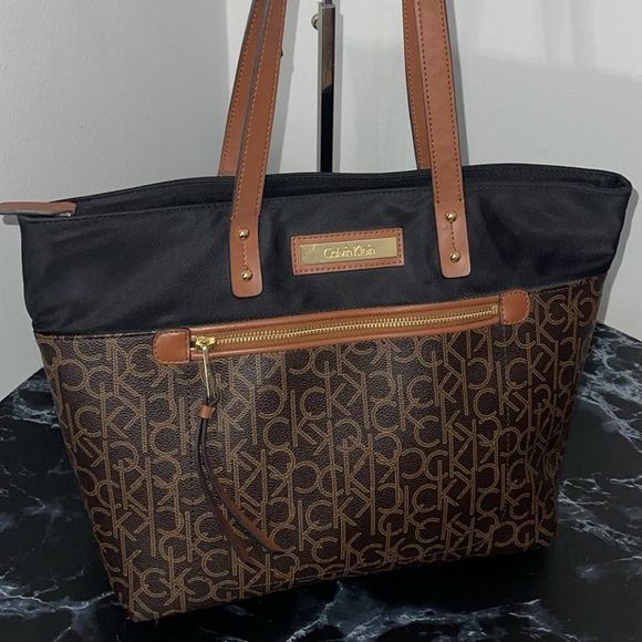 CALVIN KLEIN Handbag Black Brown CK Logo Allover Print Tote Satchel AUTHENTIC - Picture 4 of 11